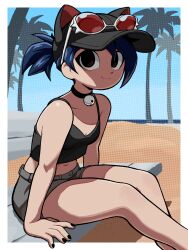 Rule 34 | 1girl, animal ears, arm support, bare legs, bare shoulders, beach, bell, black camisole, black choker, black nails, blue hair, blue sky, brown eyes, camisole, cat ears, choker, crop top, dark blue hair, denim, denim shorts, eyewear on head, fake animal ears, feet out of frame, gato del futuro, halftone, halftone background, highres, leaning forward, neck bell, on bench, original, outdoors, palm tree, shorts, sitting, sky, solo, tree