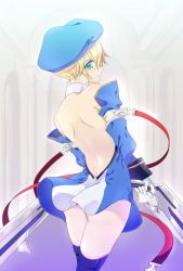 Rule 34 | 1girl, ass, back, backless outfit, bare shoulders, beret, blazblue, blonde hair, blue dress, blue thighhighs, blush, cowboy shot, detached sleeves, dress, dual wielding, from behind, gloves, green eyes, gun, handgun, hat, holding, holding gun, holding weapon, long sleeves, looking at viewer, looking back, noel vermillion, oota minoru, over-kneehighs, parted lips, red ribbon, ribbon, short dress, short hair, solo, thighhighs, weapon, white gloves