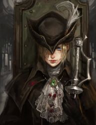 Rule 34 | 1girl, ascot, blonde hair, bloodborne, blue eyes, cape, coat, gem, gloves, hat, hat feather, holding, jiangweizh12345, lady maria of the astral clocktower, long hair, looking at viewer, ponytail, rakuyo (bloodborne), simple background, solo, sword, the old hunters, tricorne, weapon