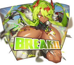 Rule 34 | 1girl, blurry, bouncing breasts, breasts, censored, censored by text, commentary request, dark-skinned female, dark skin, depth of field, english text, exploding clothes, eyes visible through hair, floating hair, fur collar, gauntlets, green hair, headgear, holding, holding sword, holding weapon, horns, huge breasts, leg up, long hair, looking down, melon22, open mouth, orange eyes, original, shiny skin, sidelocks, solo, sword, tsurime, weapon, white background