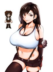 Rule 34 | 1girl, alternate eye color, armpit crease, boots, breasts, brown eyes, brown hair, brown skirt, chibi, chibi inset, cleavage, cowboy hat, crop top, final fantasy, final fantasy vii, final fantasy vii remake, hat, highres, kevbot, large breasts, long hair, looking at viewer, miniskirt, navel, retro artstyle, signature, simple background, skindentation, skirt, smile, square enix, suspenders, suspenders hanging, tank top, thick thighs, thighs, tifa lockhart, wide hips