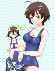 Rule 34 | &gt;:|, 10s, 2girls, :d, :|, ^^^, ahoge, angry, blue one-piece swimsuit, blush, brave witches, breast envy, breasts, brown eyes, brown hair, closed mouth, unworn clothes, collarbone, cowboy shot, flipped hair, from side, hair between eyes, hair ornament, hairclip, hands on own chest, hiro yoshinaka, karibuchi hikari, looking at viewer, medium breasts, miyafuji yoshika, multiple girls, neckerchief, no pupils, old school swimsuit, one-piece swimsuit, open mouth, parted bangs, parted lips, polka dot, polka dot background, sailor collar, sailor shirt, school swimsuit, school uniform, serafuku, shirt, unworn shirt, short hair, small breasts, smile, standing, strike witches, sweatdrop, swimsuit, v-shaped eyebrows, wavy mouth, white eyes, world witches series