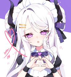 Rule 34 | 1girl, apple caramel, black dress, black horns, blue archive, blush, demon horns, dress, grey hair, hair ornament, hairclip, heart, heart hands, hina (blue archive), horns, long hair, looking at viewer, open mouth, puffy short sleeves, puffy sleeves, purple eyes, short sleeves, signature, solo, two-tone background, upper body