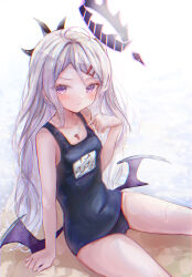 Rule 34 | 1girl, ahoge, arm support, beach, blue archive, collarbone, commentary, demon girl, demon horns, demon wings, forehead, from above, hair ornament, hairclip, halo, highres, hina (blue archive), hina (swimsuit) (blue archive), horns, long hair, looking at viewer, looking up, medium hair, name tag, ocean, official alternate costume, official alternate hairstyle, old school swimsuit, one side up, outdoors, parted bangs, purple eyes, school swimsuit, sitting, sleeveless, solo, swimsuit, symbol-only commentary, teruteruteru190, wavy hair, wet, wet clothes, wet swimsuit, whistle, whistle around neck, white hair, wings