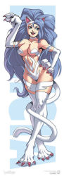 Rule 34 | 1girl, :d, animal ears, animal hands, arm up, big hair, blue eyes, blue hair, breasts, capcom, cat ears, cat tail, character name, crossed legs, curvy, fang, felicia (vampire), fur, game, jpeg artifacts, kevin lau, large breasts, long hair, long image, matching hair/eyes, open mouth, smile, solo, standing, stick poster, tail, tall image, udon entertainment, vampire (game), very long hair, wavy hair, wide hips