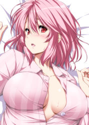 Rule 34 | 1girl, alternate costume, blush, breasts, buttons, cleavage, hair between eyes, highres, large breasts, looking at viewer, lying, no bra, nori tamago, on back, on bed, open mouth, open pajamas, pajamas, pink eyes, pink hair, saigyouji yuyuko, short hair, solo, sweat, touhou, upper body