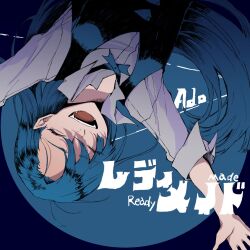 Rule 34 | 1girl, ado (utaite), black background, black vest, blue background, blue hair, blue theme, border, closed mouth, fangs, formal, hair over one eye, highres, long hair, merry (ado), open mouth, orihara (ewkkyorhr), outstretched arms, readymade (ado), round border, shirt, smile, solo, song name, two-tone background, upper body, upside-down, very long hair, vest, white shirt