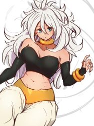 Rule 34 | 1girl, android 21, bare shoulders, black nails, blue eyes, bracelet, breasts, choker, cleavage, collarbone, dragon ball, dragon ball fighterz, hair between eyes, jewelry, kemachiku, light persona, long hair, majin android 21, medium breasts, midriff, nail polish, navel, solo, white hair, yellow choker
