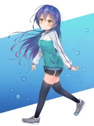 Rule 34 | 1girl, absurdres, black thighhighs, blue hair, blush, commentary request, full body, hair between eyes, highres, jacket, long hair, looking at viewer, love live!, love live! school idol festival, love live! school idol project, shorts, smile, solo, sonoda umi, sonoko neko, thighhighs, track jacket, walking, yellow eyes