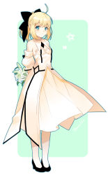 Rule 34 | 1girl, ahoge, alternate costume, arms behind back, artoria pendragon (all), artoria pendragon (fate), bare shoulders, black bow, blonde hair, blue eyes, bow, breasts, bridal veil, detached sleeves, dress, fate/stay night, fate/unlimited codes, fate (series), finger gun, full body, hair bow, kana, looking at viewer, saber (fate), saber lily, small breasts, solo, standing, veil