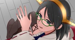 Rule 34 | 10s, 1girl, bad id, bad twitter id, blush, boots, detached sleeves, fingernails, frilled skirt, frills, from above, from behind, glasses, hairband, happy, japanese clothes, jewelry, kantai collection, kinosuke (e kinosuke), kinosuke (sositeimanoga), kirishima (kancolle), looking at viewer, no legwear, nontraditional miko, open mouth, pov, ring, sitting, skirt, smile, solo, thigh boots, thighhighs, wedding band