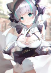 Rule 34 | 1girl, absurdres, alternate costume, animal ears, aqua eyes, aqua hair, azur lane, black skirt, blurry, blurry background, blush, bow, breasts, cat ears, cheshire (azur lane), chromatic aberration, cleavage, closed mouth, cotton kanzaki, detached sleeves, dress, fang, grey hair, hair bow, highres, large breasts, looking at viewer, maid, maid headdress, multicolored hair, puffy detached sleeves, puffy sleeves, skirt, smile, solo, thighhighs, white dress, wind, wind lift, wrist cuffs