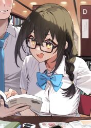 Rule 34 | 1boy, 1girl, 92m, absurdres, black-framed eyewear, black hair, blue bow, blue bowtie, blue necktie, book, bow, bowtie, braid, braided ponytail, breasts, commentary request, glasses, highres, holding, holding book, kakita (92m), medium breasts, necktie, open mouth, original, otouto (92m), shirt, short sleeves, single braid, smile, teeth, translation request, upper teeth only, white shirt, yellow eyes