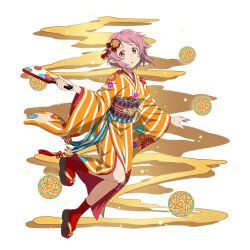 Rule 34 | 1girl, floating hair, full body, hair ornament, holding, japanese clothes, kimono, lisbeth (sao), lisbeth (sao-alo), looking at viewer, obi, orange kimono, parted lips, pink hair, pointy ears, red eyes, red socks, sash, short hair, simple background, socks, solo, striped clothes, striped kimono, sword art online, vertical-striped clothes, vertical-striped kimono, white background, yukata