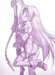Rule 34 | 1girl, armor, ass, bare shoulders, blush, breasts, chain, collar, fate/grand order, fate (series), from side, gauntlets, gradient background, greaves, headgear, hip vent, kazuma muramasa, leg up, leotard, long hair, medusa (fate), medusa (lancer) (fate), medusa (rider) (fate), monochrome, parted lips, polearm, rider, scythe, sidelocks, simple background, small breasts, solo, sweat, thigh strap, thighhighs, very long hair, weapon, white background