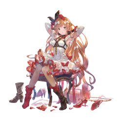 Rule 34 | 1girl, bag, black gloves, black ribbon, blonde hair, blush, boots, bow, breasts, chair, chest harness, clarisse (granblue fantasy), clarisse (soleil blanc) (granblue fantasy), dress, earrings, flower, gloves, granblue fantasy, green eyes, hair bow, hair flower, hair ornament, hair ribbon, harness, high heels, jewelry, large breasts, long hair, long sleeves, looking at viewer, official art, open mouth, red bow, red flower, red socks, ribbon, shoes, single boot, single shoe, sitting, socks, solo, swept bangs, transparent background, unworn boot, unworn boots, unworn shoes, white bow, white dress
