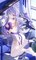 Rule 34 | 1girl, absurdres, aqua eyes, artist name, bare back, bare shoulders, blue hair, breasts, commentary request, detached sleeves, dress, earrings, gloves, hair between eyes, halo, head wings, highres, honkai: star rail, honkai (series), instrument, jewelry, jndfh, long hair, looking at viewer, open mouth, piano, robin (honkai: star rail), short sleeves, solo, very long hair, white dress, white gloves, wings