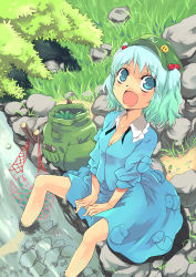Rule 34 | 1girl, badge, bag, barefoot, blue eyes, blue hair, breasts, bush, cleavage, cucumber, face, female focus, grass, hair bobbles, hair ornament, hat, kawashiro nitori, matching hair/eyes, net, open mouth, pocket, rock, shirt, short hair, sitting, skirt, skirt set, sleeves pushed up, small breasts, smiley, smiley face, soaking feet, solo, stick, stream, touhou, twintails, two side up, water, wrench, yuu (kfc)