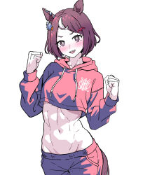 Rule 34 | 1girl, abs, alternate costume, animal ears, breasts, brown eyes, brown hair, clenched hands, commentary request, cowboy shot, cropped hoodie, ear ornament, hair ornament, hairclip, highres, hood, hoodie, horse ears, horse girl, horse tail, limited palette, looking at viewer, midriff, multicolored hair, navel, open mouth, pants, simple background, small breasts, smile, solo, streaked hair, tail, teeth, tsurumaru tsuyoshi (umamusume), umamusume, upper teeth only, v-shaped eyebrows, white background, white hair, yaki apple