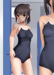 Rule 34 | 2girls, adjusting clothes, adjusting swimsuit, arm behind back, arms behind back, black hair, black one-piece swimsuit, blurry, breasts, brown eyes, closed mouth, collarbone, competition school swimsuit, covered navel, cowboy shot, day, depth of field, eto, hair up, highres, indoors, locker, locker room, looking at viewer, medium breasts, multiple girls, one-piece swimsuit, original, school swimsuit, short hair, short ponytail, standing, swimsuit, tan