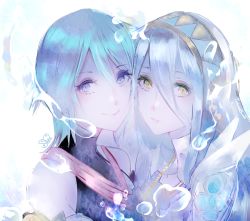 Rule 34 | 2girls, aqua (kingdom hearts), azura (fire emblem), blue eyes, blue hair, crossover, fire emblem, fire emblem fates, jewelry, kingdom hearts, kingdom hearts birth by sleep, looking at viewer, lumicakes, multiple girls, name connection, necklace, nintendo, smile, water, yellow eyes