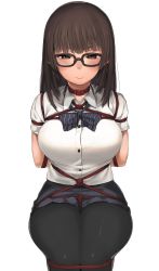 Rule 34 | 1girl, arms behind back, bdsm, black-framed eyewear, black pantyhose, blue skirt, blush, bondage, bound, bow, bowtie, breasts, brown eyes, brown hair, buttons, closed mouth, collar, collared shirt, glasses, highres, kei (soundcross), large breasts, long hair, looking at viewer, original, pantyhose, pleated skirt, red collar, red rope, rope, shirt, sitting, skirt, smile, solo, striped bow, striped bowtie, striped clothes, striped neckwear, white shirt, white skirt