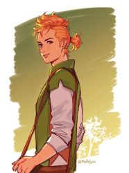 Rule 34 | 1boy, alfyn (octopath traveler), bag, brown eyes, from side, green background, jacket, long hair, looking at viewer, male focus, mella, octopath traveler, octopath traveler i, orange hair, short ponytail, shoulder bag, simple background, smile, solo, twitter username, upper body