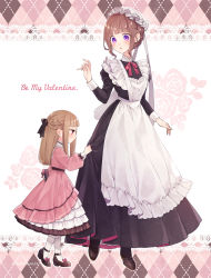 Rule 34 | 2girls, absurdres, age difference, apron, blonde hair, bow, braid, brown hair, child, commentary, dress, dress tug, english text, french braid, frilled dress, frills, full body, goshi-san, hair bow, hat, highres, maid, mob cap, multiple girls, onee-loli, original, purple eyes, red eyes, simple background, valentine, victorian maid, yuri