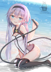Rule 34 | 1girl, aliter, azur lane, bare arms, bare shoulders, between legs, black hairband, black thighhighs, blue eyes, breasts, cleavage, clothing cutout, collarbone, commentary, gradient hair, hair between eyes, hairband, hand between legs, hand up, highres, holding, logo, long hair, low twintails, multicolored hair, no shoes, ocean, one-piece swimsuit, pink hair, shallow water, side cutout, silver hair, sitting, smile, solo, summer, swimsuit, thighhighs, twintails, u-522 (azur lane), very long hair, wariza, water, water drop, white one-piece swimsuit