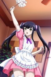 Rule 34 | 00s, 1girl, arms up, black hair, hair ornament, house, ikkitousen, long hair, looking away, looking up, open mouth, saji genpou (true), shiny skin, skirt, solo, thighhighs, upper body, yellow eyes