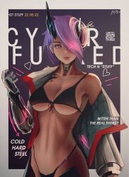 Rule 34 | 1girl, android, bikini, black bikini, border, breasts, cleavage, cover, dated, english text, fake cover, fake magazine cover, hair over one eye, heart, horns, jacket, magazine cover, mechanical arms, mechanical parts, medium breasts, medium hair, open clothes, open jacket, original, outside border, pink hair, qr code, sheruru, signature, solo, swimsuit, white border