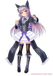 Rule 34 | 1girl, animal ears, boots, bow, breasts, butter-t, cat ears, cross-laced footwear, dress, fake animal ears, frills, gothic lolita, grey hair, headdress, knee boots, lolita fashion, long hair, medium breasts, original, paw pose, red eyes, ribbon, smile, solo, striped clothes, striped thighhighs, thighhighs, vertical-striped clothes, vertical-striped thighhighs, white hair