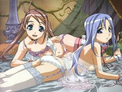 Rule 34 | 00s, 2girls, :d, antenna hair, arm support, ass, bare shoulders, bed, bed sheet, blue eyes, blue hair, blush, bow, bow bra, bow legwear, bow panties, bra, bracelet, breasts, butt crack, camisole, chemise, choker, choujuushin gravion, clenched hand, crop top, curtains, ferret, frills, garter belt, garter straps, gusuku luna, gusuku runa, hair between eyes, hair ornament, hairclip, heart, indoors, jewelry, jpeg artifacts, lace, lace-trimmed bra, lace-trimmed legwear, lace-trimmed panties, lace trim, leele, lingerie, lolotte, long hair, looking at viewer, looking back, lying, multiple girls, navel, neck ribbon, official art, official wallpaper, on side, on stomach, oobari masami, open clothes, open mouth, panties, parted lips, pendant, pillow, pink bra, pink legwear, pink panties, profile, purple hair, ribbon, see-through, side-tie panties, sideboob, small breasts, smile, strap slip, swept bangs, thighhighs, transparent, twintails, underwear, underwear only, wallpaper, white legwear, white panties, wrist cuffs, wrist ribbon