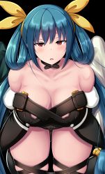 Rule 34 | 1girl, absurdres, angel wings, asymmetrical wings, bare shoulders, belt, black background, blush, breasts, chin gero, choker, cleavage, collarbone, dizzy (guilty gear), guilty gear, guilty gear x, guilty gear xx, hair ribbon, hair rings, highres, large breasts, long hair, open mouth, red eyes, ribbon, simple background, skindentation, solo, tail, tail ornament, tail ribbon, thick thighs, thigh gap, thigh strap, thighs, twintails, wings, yellow ribbon