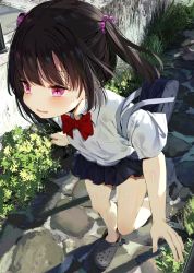 Rule 34 | 1girl, bag, bare legs, black footwear, blue skirt, blush, bow, bowtie, brown hair, collared shirt, crocs, from above, full body, kamizaki hibana, looking away, miniskirt, open mouth, original, outdoors, pink eyes, plant, red bow, red bowtie, school uniform, shirt, short hair, short sleeves, shoulder bag, skirt, solo, standing, standing on one leg, sweat, twintails, white shirt