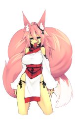 Rule 34 | 1girl, animal ear fluff, arms at sides, bare shoulders, black panties, breasts, contrapposto, cropped legs, fox ears, fox tail, hair between eyes, highres, large breasts, large tail, long sleeves, long tongue, looking at viewer, momo (sub-res), original, panties, pelvic curtain, pink hair, sharp teeth, side-tie panties, signature, simple background, skindentation, smile, solo, sub-res, tail, teeth, tongue, tongue out, underwear, white background