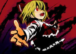 Rule 34 | 1girl, bad id, bad pixiv id, blonde hair, crazy eyes, dark, embodiment of scarlet devil, fangs, female focus, foreshortening, hair over one eye, hair ribbon, open mouth, outstretched arms, red eyes, ribbon, rumia, short hair, solo, spread arms, touhou, tsuttsu