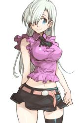 Rule 34 | 10s, 1girl, black thighhighs, blue eyes, blush, breasts, covered erect nipples, cowboy shot, earrings, elizabeth liones, hair over one eye, hungry clicker, jewelry, long hair, midriff, nanatsu no taizai, navel, silver hair, single thighhigh, skirt, smile, solo, thighhighs