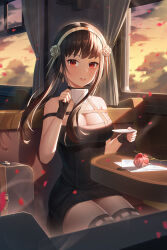 Rule 34 | 1girl, absurdres, black dress, black hair, boots, breasts, cleavage, commentary request, cup, curtains, dress, flower, gold hairband, hairband, highres, holding, holding cup, holding saucer, looking at viewer, medium breasts, petals, red eyes, red flower, red rose, revision, rose, rose petals, saucer, sitting, solo, spy x family, teacup, thigh boots, train interior, wa (user snch2757), window, yor briar