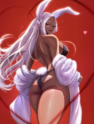 Rule 34 | 1girl, absurdres, animal ears, ass, back, backless swimsuit, bare shoulders, black one-piece swimsuit, boku no hero academia, breasts, curvy, dark-skinned female, dark skin, from behind, heart, hehevich, highleg, highleg swimsuit, highres, large breasts, long eyelashes, long hair, looking at viewer, median furrow, mirko, off shoulder, one-piece swimsuit, parted bangs, rabbit ears, rabbit girl, rabbit tail, red background, red eyes, red lips, shawl, smile, solo, swimsuit, tail, thick thighs, thighs, toned, very long hair, white hair, white shawl, wide hips