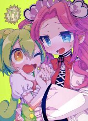 Rule 34 | !?, 2girls, absurdres, arm around waist, blue eyes, blush, bow, bowtie, commentary, curtained hair, dress, drill hair, flustered, frilled hairband, frills, furrowed brow, green background, green hair, hairband, half-closed eyes, hand on another&#039;s chin, highres, juliet sleeves, lolita fashion, long hair, long sleeves, looking at another, low ponytail, mekziro, multiple girls, nervous sweating, one eye closed, orange eyes, pink hair, puffy short sleeves, puffy sleeves, raised eyebrows, red bow, red bowtie, shikoku metan, shirt, short sleeves, simple background, smile, spoken interrobang, stroking another&#039;s chin, sweat, symbol-only commentary, twin drills, upper body, utau, voiceroid, voicevox, wavy mouth, white dress, white hairband, white shirt, wide-eyed, wide sleeves, yuri, zundamon
