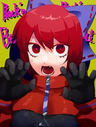 Rule 34 | 1girl, akatsuki records, alternate costume, black bodysuit, bodysuit, bow, capelet, claw pose, commentary request, fang, hair bow, highres, looking at viewer, lower teeth only, medium bangs, open mouth, purple bow, red capelet, red eyes, red hair, ribbon-trimmed bow, rock &#039;n&#039; rock &#039;n&#039; beat, sekibanki, sekibanki day, short hair, solo, takayo (user yeah3737), teeth, touhou, upper body, zipper