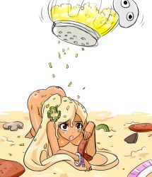 Rule 34 | 1girl, all fours, bangle, bell pepper, bell pepper slice, blonde hair, blush, borrowed character, bracelet, brown eyes, cheese, dark skin, food, hair ornament, jewelry, long hair, matsu-sensei, nude, onion, open mouth, original, pepper, pepperoni, personification, pizza, side ponytail, very long hair
