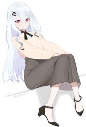 Rule 34 | 1girl, beijuu, black footwear, black skirt, closed mouth, grey hair, hair ornament, high heels, highres, long hair, long skirt, looking at viewer, original, red eyes, shoes, sitting, skirt, sleeves past wrists, smile, solo, sweater, white background, yellow sweater