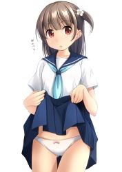 Rule 34 | 1girl, :o, blue neckerchief, blue sailor collar, blue skirt, blush, bow, bow panties, brown hair, clothes lift, collarbone, commentary request, flower, gluteal fold, hair between eyes, hair flower, hair ornament, head tilt, highres, lifting own clothes, looking at viewer, neckerchief, nose blush, one side up, original, panties, parted lips, pleated skirt, red eyes, sailor collar, school uniform, serafuku, shibacha, shirt, short sleeves, simple background, skirt, skirt lift, solo, stomach, translation request, underwear, white background, white flower, white panties, white shirt