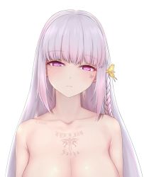 Rule 34 | 1girl, blush, body writing, braid, breasts, butterfly hair ornament, character request, cleavage, closed mouth, collarbone, commentary request, copyright request, earrings, expressionless, facial mark, hair ornament, half-closed eyes, jewelry, large breasts, looking at viewer, nikuku (kazedesune), nude, out-of-frame censoring, side braid, side ponytail, silhouette, solo, stud earrings, tattoo, upper body, virtual youtuber