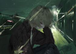 Rule 34 | 1girl, absurdres, benikusochan, blonde hair, brown jacket, collared jacket, commentary, empty eyes, fang, half-closed eyes, head rest, highres, holding own head, jacket, knees up, lamppost, leaning, light, light smile, long sleeves, medium hair, mole, mole under mouth, night, night sky, open clothes, open jacket, open mouth, original, outdoors, painterly, pants, railing, shirt, shooting star, sitting, skin fang, sky, smile, solo, star (symbol), vanishing point, white shirt, wind