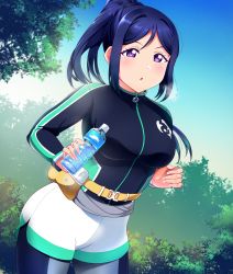 Rule 34 | 1girl, absurdres, blue hair, bottle, breasts, breath, commentary, english commentary, exercising, fanny pack, floating hair, gym shorts, highres, holding, holding bottle, jacket, jogging, large breasts, leaf, leggings, leggings under shorts, long hair, love live!, love live! sunshine!!, matsuura kanan, open mouth, pantyhose, ponytail, purple eyes, shorts, sidelocks, solo, track jacket, tree, tsumikiy, water bottle