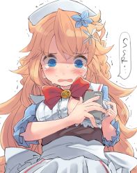 Rule 34 | 1girl, @ @, blouse, blue eyes, blush, braid, breasts, cellphone, dress, embarrassed, flower, frills, from below, hair flower, hair ornament, long hair, messy hair, nijisanji, open clothes, open shirt, orange hair, otogibara era, partially undressed, phone, ribbon, shaded face, shirt, simple background, smartphone, solo, sweat, tagme, taker (flamestorm), tears, trembling, virtual youtuber, white background