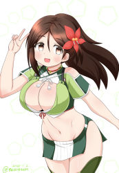 Rule 34 | 1girl, amagi (kancolle), breasts, brown eyes, brown hair, cleavage, cleavage cutout, clothing cutout, crop top, dated, flower, green skirt, green thighhighs, groin, hair flower, hair ornament, high ponytail, kantai collection, large breasts, leaf, leaf hair ornament, long hair, looking at viewer, maple leaf, masara (chuujou), midriff, miniskirt, mole, mole under eye, navel, ponytail, sidelocks, simple background, skirt, solo, thighhighs, twitter username, v, white background, wide ponytail